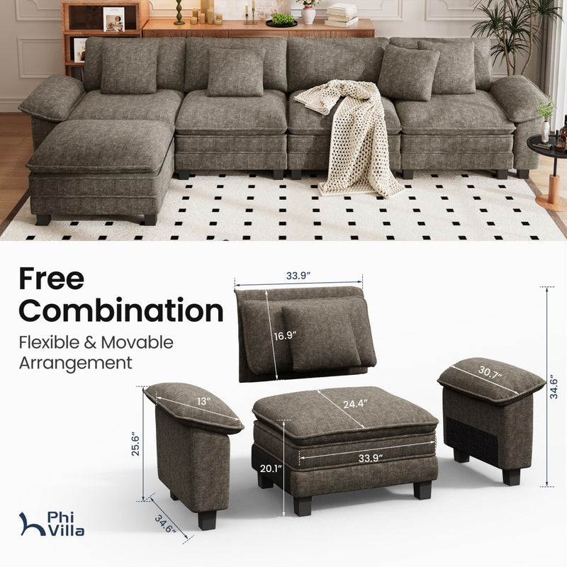 Chenille Living Room Sofa Couch Cloud-like Modular Sectional with Ottoman