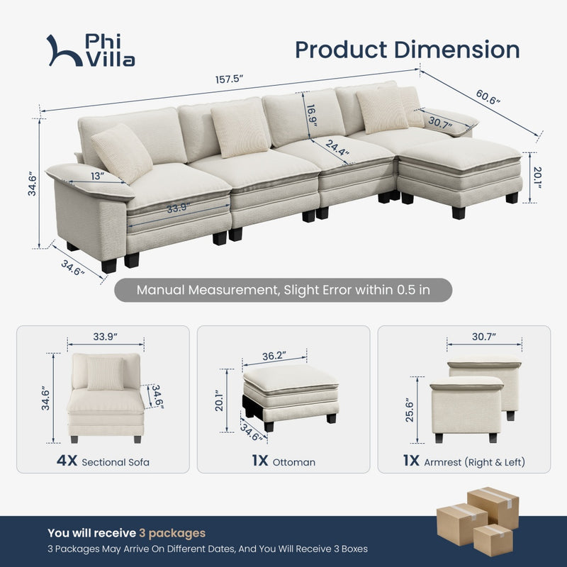 Chenille Living Room Sofa Couch Cloud-like Modular Sectional with Ottoman