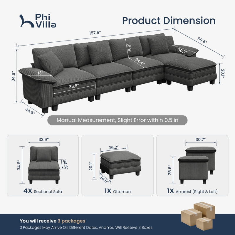 Cloud-like Living Room Sofa Couch Modular Sectional Corduroy Large Set