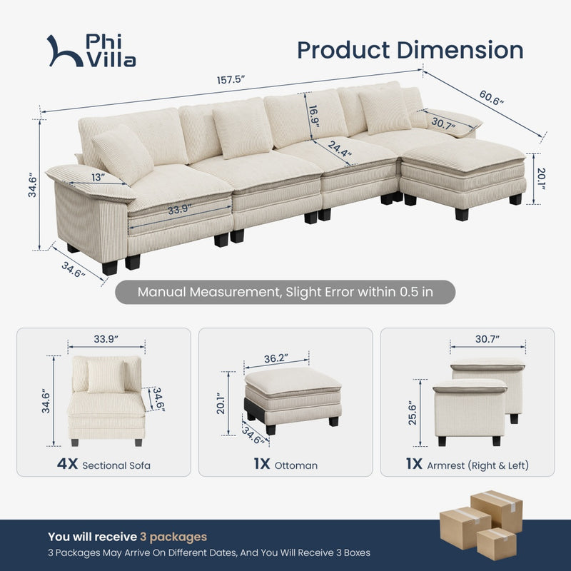 Cloud-like Living Room Sofa Couch Modular Sectional Corduroy Large Set