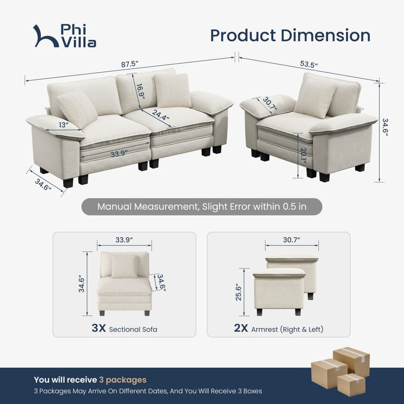 Living Room Sofa Modular Sectional Cloud-like Couch Chenille Large Set