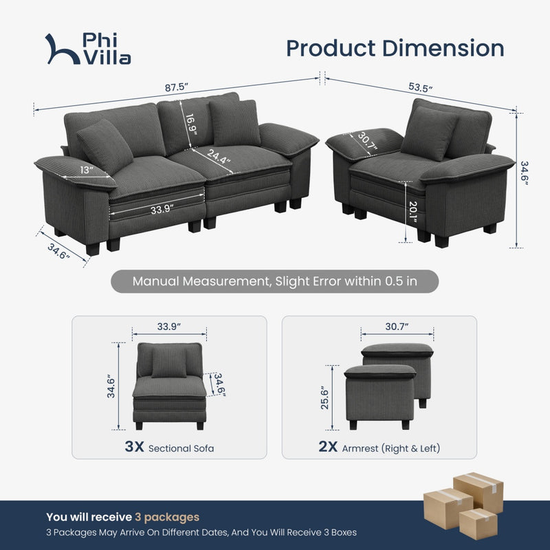Cloud-like Living Room Sofa Couch Modular Sectional Corduroy Large Set