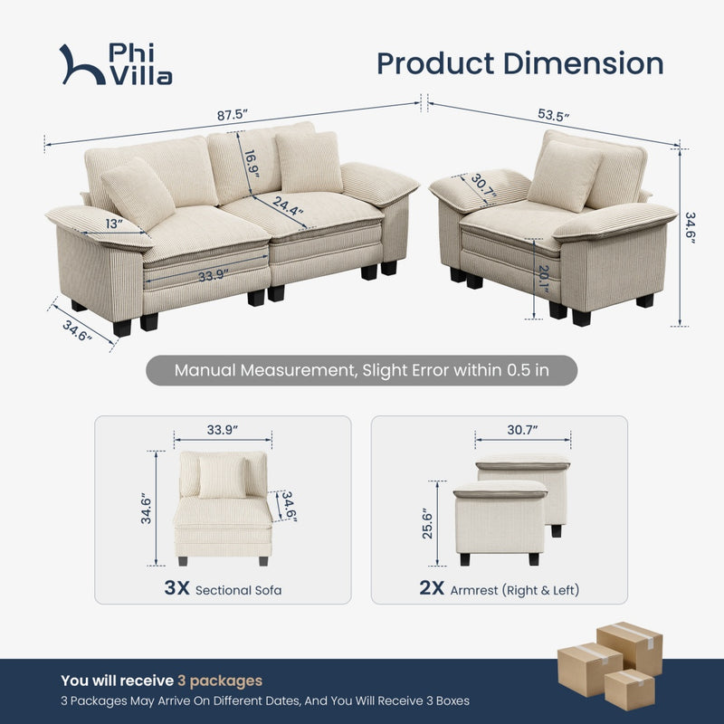 Cloud-like Living Room Sofa Couch Modular Sectional Corduroy Large Set
