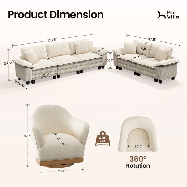 Briar Combo Set Corduroy Living Room Sofa and  Swivel Chair