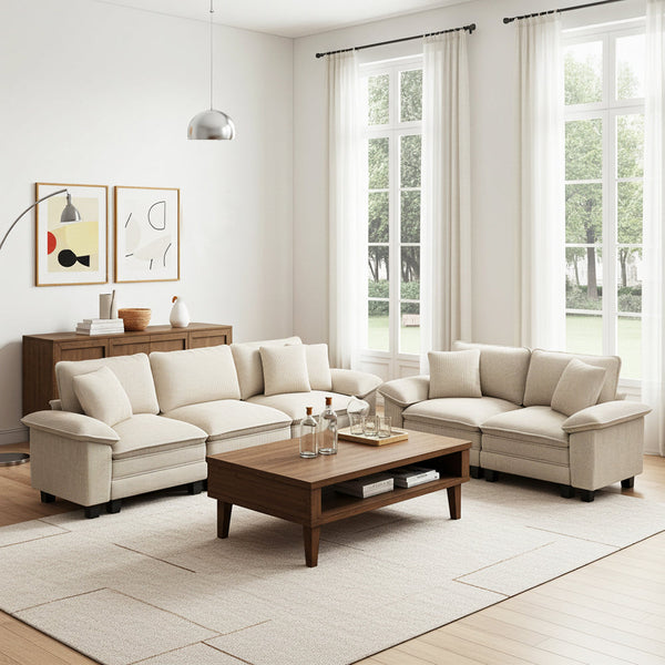 Modern living room with beige sectional sofa, wooden coffee table, and framed artwork.