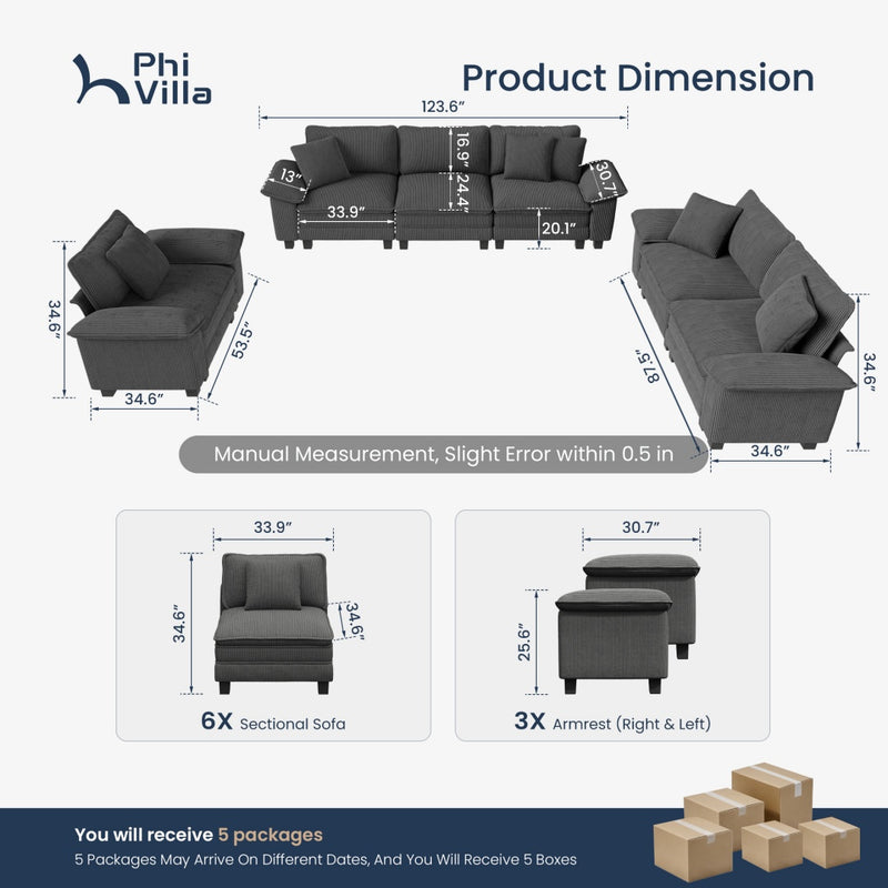 Living Room Sofa Corduroy Cloud-like Couch Modular Sectional Large Set