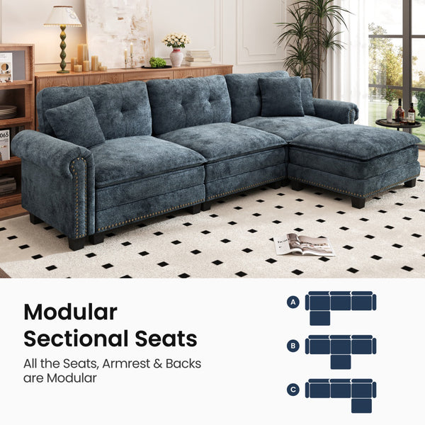 Charleston Velvet-Chenille L-Shaped Living Room Couch with Ottoman