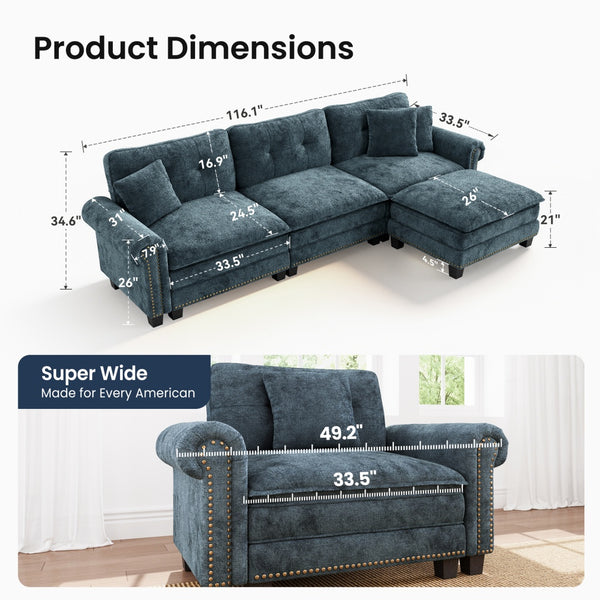 Charleston Velvet-Chenille L-Shaped Living Room Couch with Ottoman