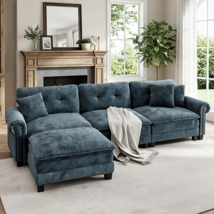 Charleston Velvet-Chenille L-Shaped Living Room Couch with Ottoman