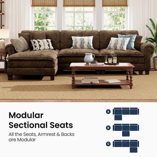 Charleston Velvet-Chenille L-Shaped Living Room Couch with Ottoman