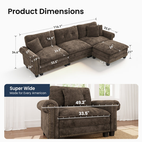 Charleston Velvet-Chenille L-Shaped Living Room Couch with Ottoman