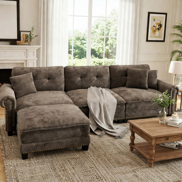 Charleston Velvet-Chenille L-Shaped Living Room Couch with Ottoman