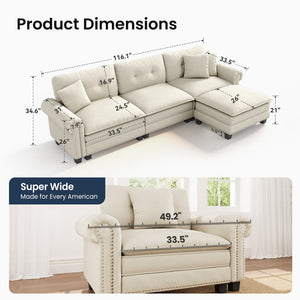 Charleston Velvet-Chenille L-Shaped Living Room Couch with Ottoman