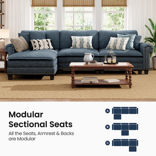 Charleston Linen-Look L-Shaped Living Room Couch with Ottoman