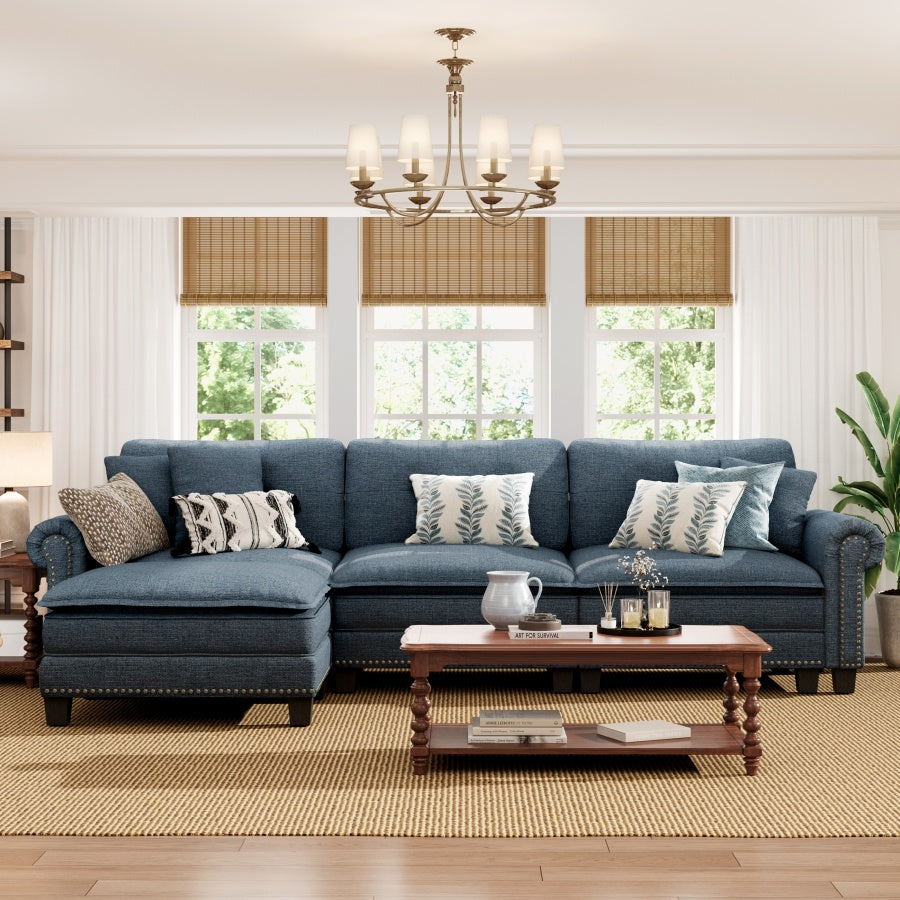 Charleston Linen-Look L-Shaped Living Room Couch with Ottoman