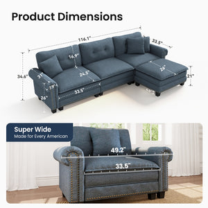 Charleston Linen-Look L-Shaped Living Room Couch with Ottoman