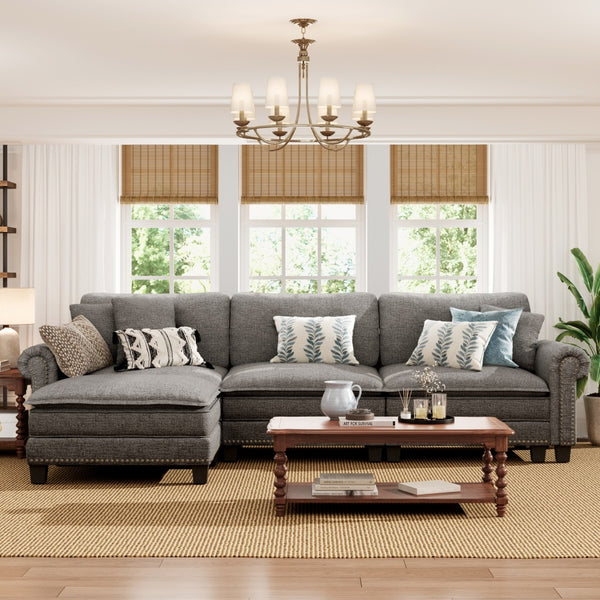 Charleston Linen-Look L-Shaped Living Room Couch with Ottoman