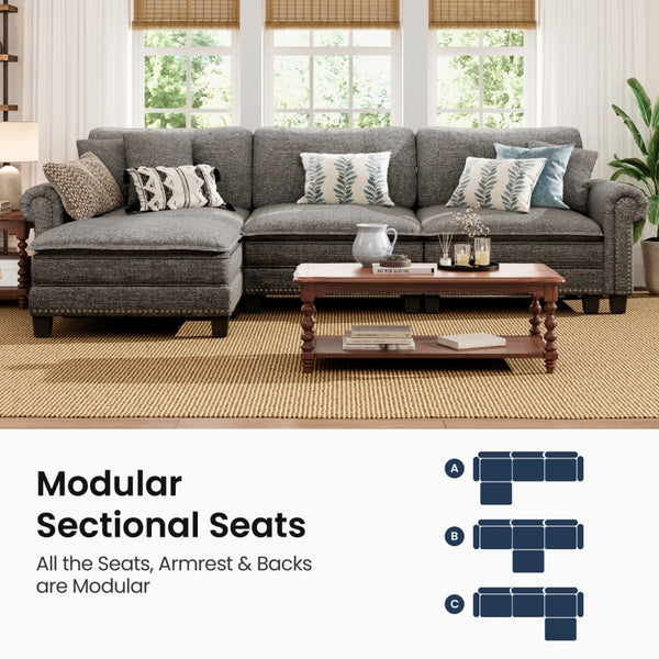 Charleston Linen-Look L-Shaped Living Room Couch with Ottoman