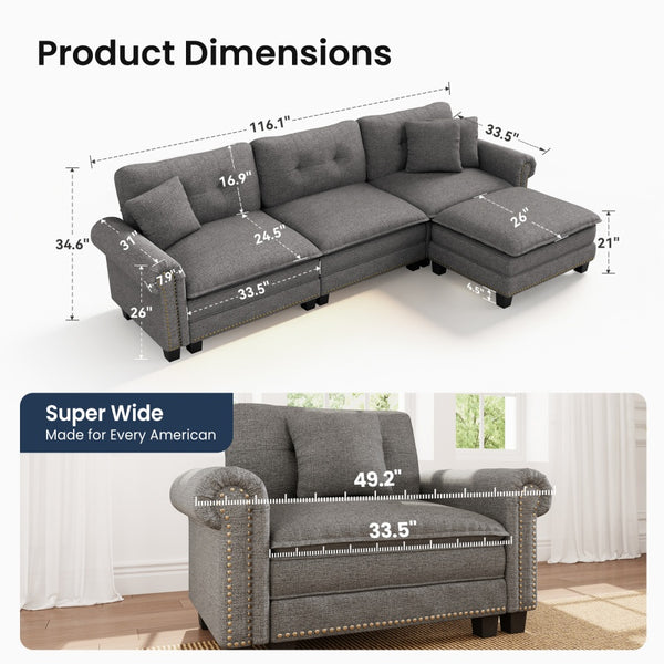 Charleston Linen-Look L-Shaped Living Room Couch with Ottoman