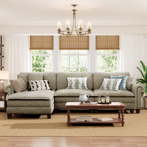 Charleston Linen-Look L-Shaped Living Room Couch with Ottoman