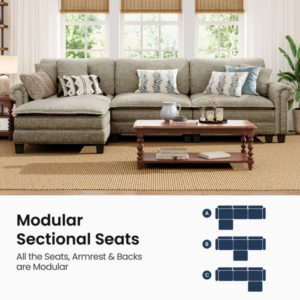 Charleston Linen-Look L-Shaped Living Room Couch with Ottoman