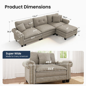 Charleston Linen-Look L-Shaped Living Room Couch with Ottoman