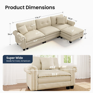 Charleston Linen-Look L-Shaped Living Room Couch with Ottoman