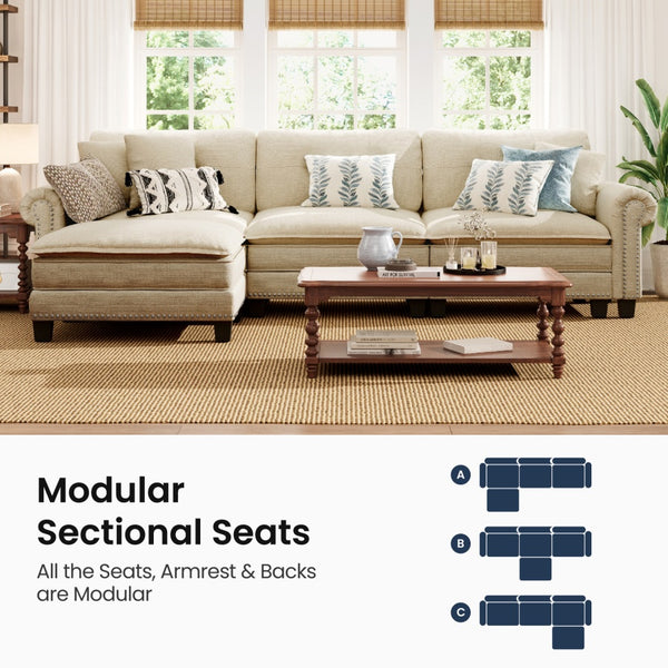 Charleston Linen-Look L-Shaped Living Room Couch with Ottoman