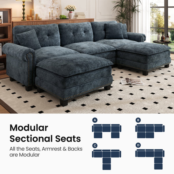 Charleston Velvet-Chenille U-Shaped Living Room Couch with Ottoman