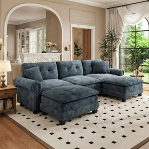 Charleston Velvet-Chenille U-Shaped Living Room Couch with Ottoman