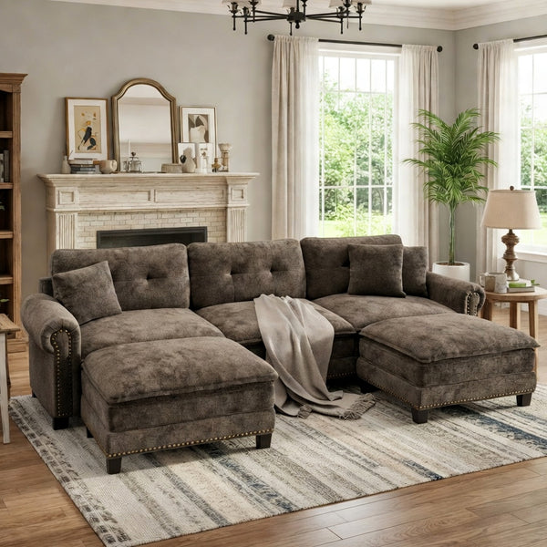 Charleston Velvet-Chenille U-Shaped Living Room Couch with Ottoman