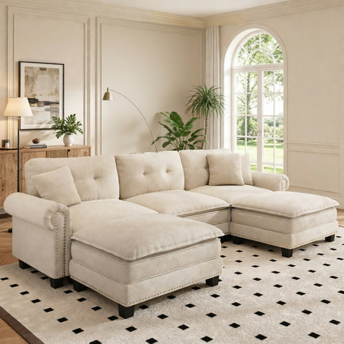 Charleston Velvet-Chenille U-Shaped Living Room Couch with Ottoman