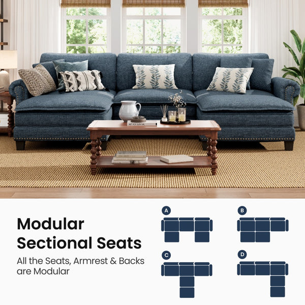 Charleston Linen-Look U-Shaped Living Room Couch with Ottoman