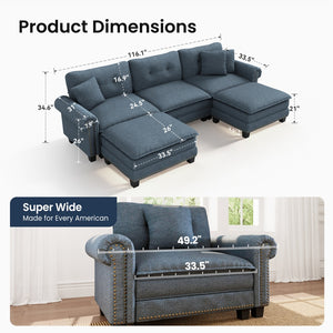 Charleston Linen-Look U-Shaped Living Room Couch with Ottoman