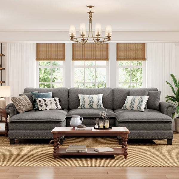 Charleston Linen-Look U-Shaped Living Room Couch with Ottoman