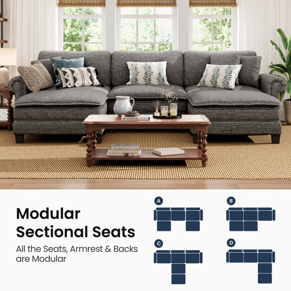 Charleston Linen-Look U-Shaped Living Room Couch with Ottoman