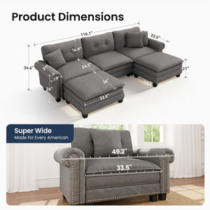 Charleston Linen-Look U-Shaped Living Room Couch with Ottoman