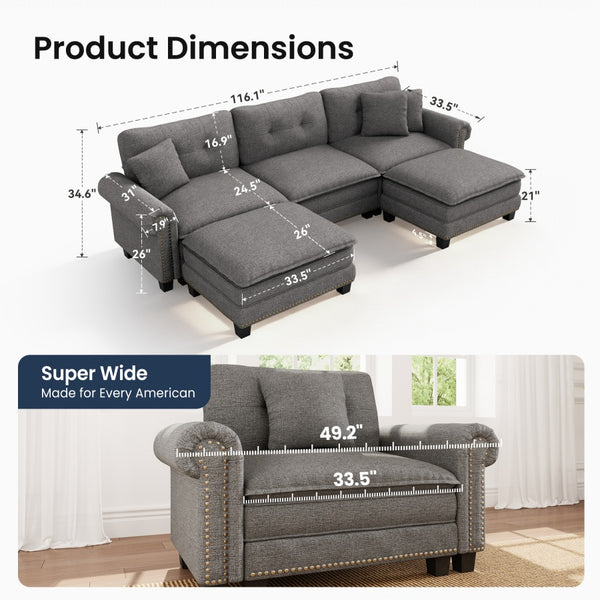 Charleston Linen-Look U-Shaped Living Room Couch with Ottoman