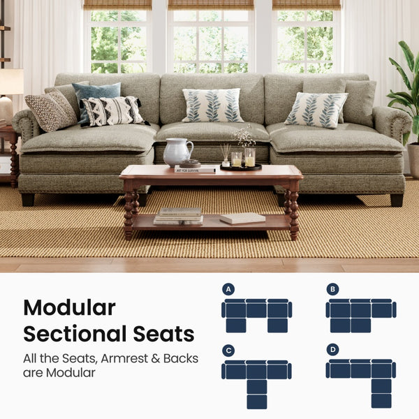 Charleston Linen-Look U-Shaped Living Room Couch with Ottoman