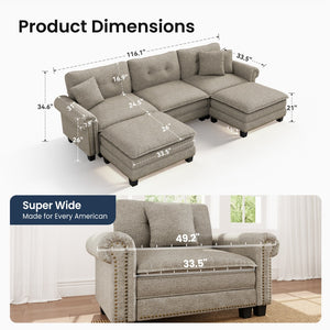 Charleston Linen-Look U-Shaped Living Room Couch with Ottoman