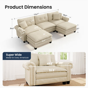 Charleston Linen-Look U-Shaped Living Room Couch with Ottoman