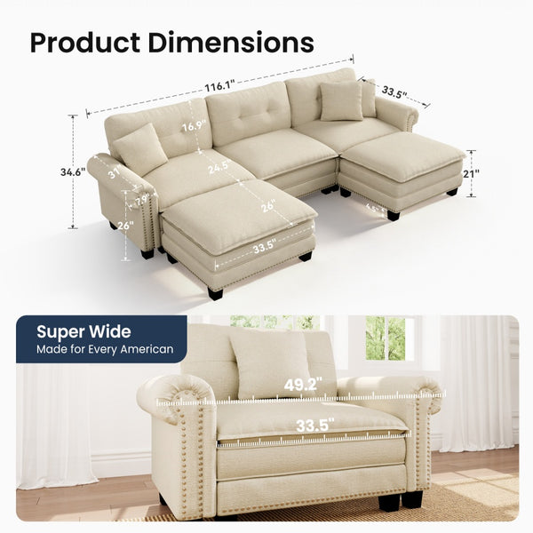 Charleston Linen-Look U-Shaped Living Room Couch with Ottoman