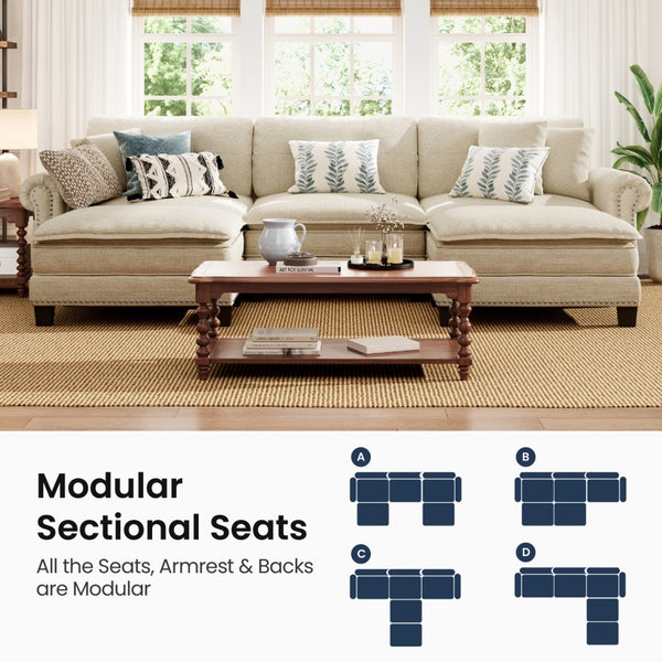 Charleston Linen-Look U-Shaped Living Room Couch with Ottoman