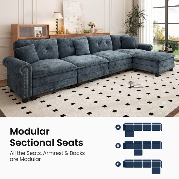 Charleston Velvet-Chenille L-Shaped Living Room Couch with Ottoman