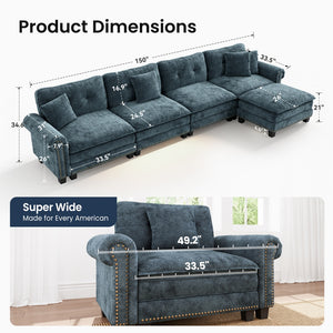 Charleston Velvet-Chenille L-Shaped Living Room Couch with Ottoman