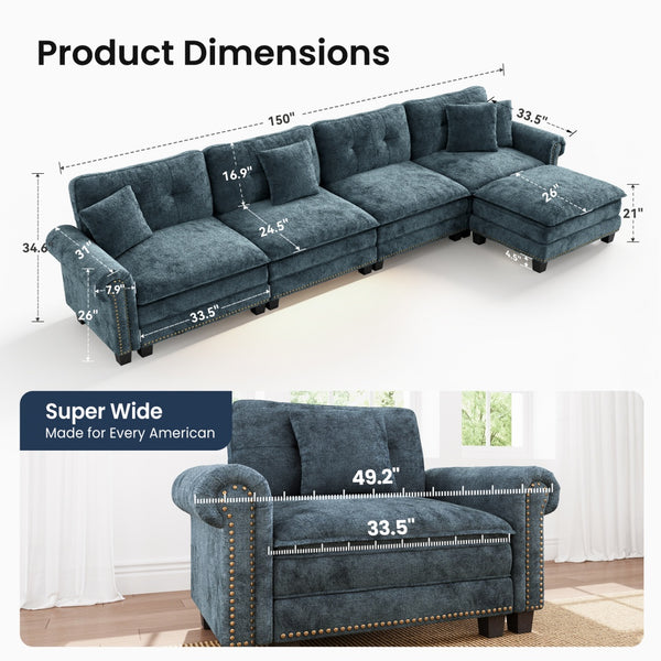 Charleston Velvet-Chenille L-Shaped Living Room Couch with Ottoman