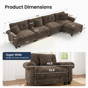 Charleston Velvet-Chenille L-Shaped Living Room Couch with Ottoman