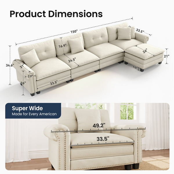 Charleston Velvet-Chenille L-Shaped Living Room Couch with Ottoman