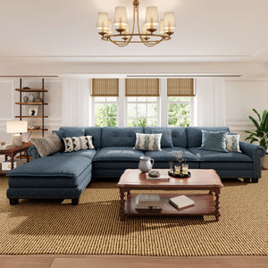 Charleston Linen-Look L-Shaped Living Room Couch with Ottoman