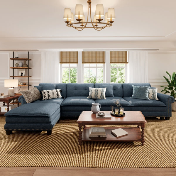 Charleston Linen-Look L-Shaped Living Room Couch with Ottoman